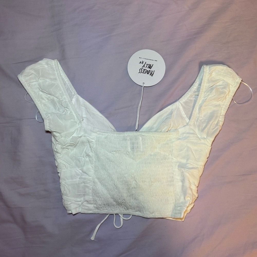 NWT‎ Princess Polly Crop Blouse Coquette Top White Ruched Drawstring Size US 8 - Picture 2 of 6